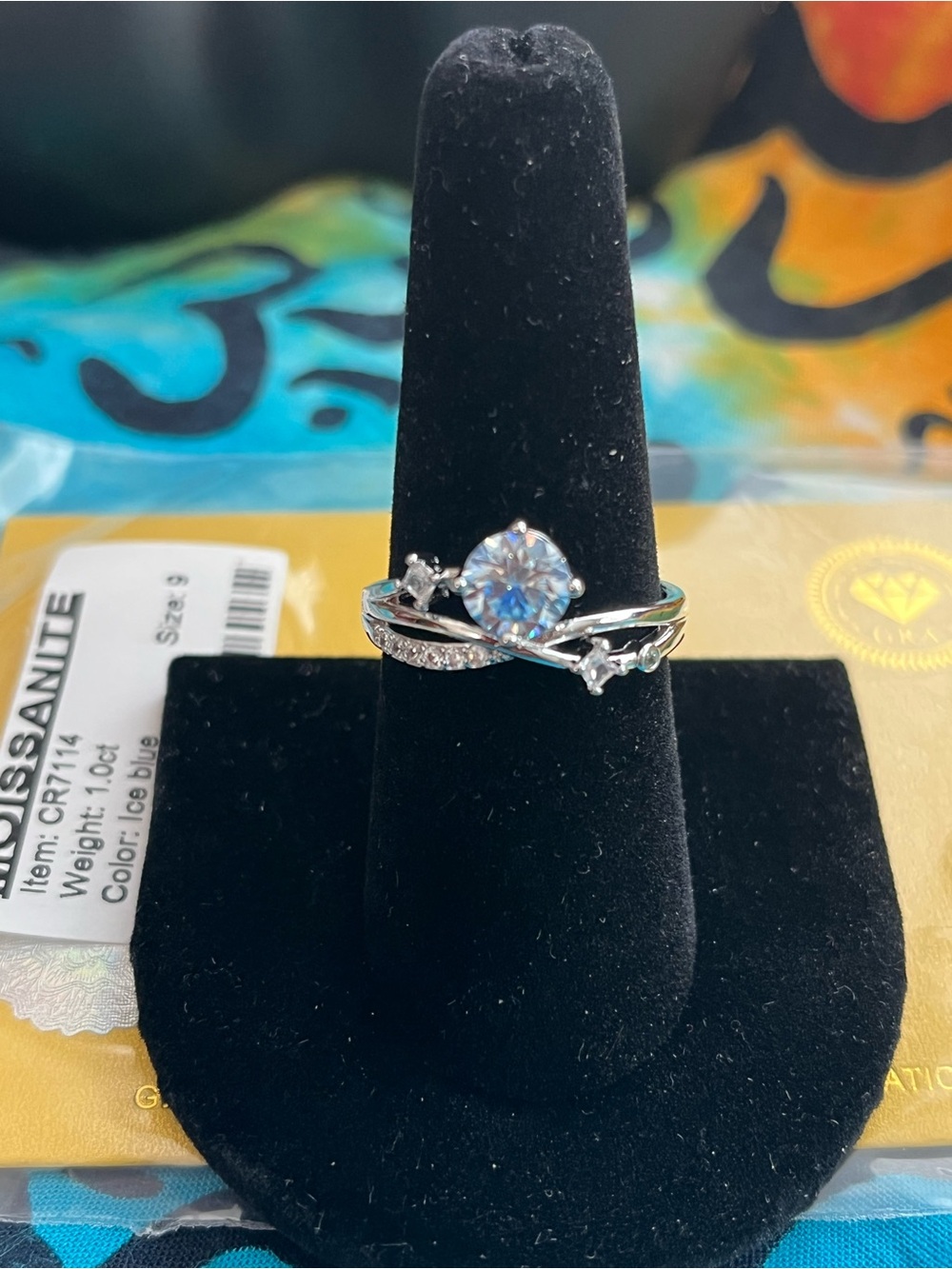 Ice Blue Moissanite Celestial Crossover Ring Rhodium Plated Size 9 NWT DTP 1 CTW